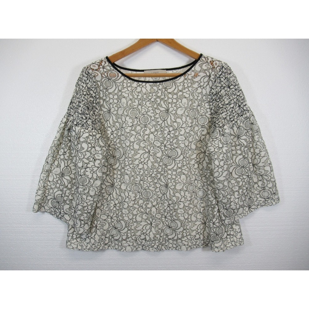 LOFT Lace Blouse Women Medium 3/4 Bell Sleeve Semi-Sheer